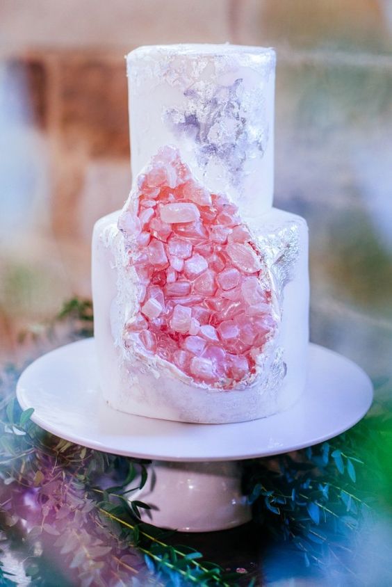 Pink rose quartz geode wedding cake