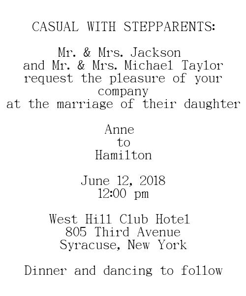Wedding Invitations Wording - Bride's Parents Hostinga -CASUAL WITH STEPPARENTS