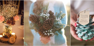 Pinecone centerpiece and bouquet and favors