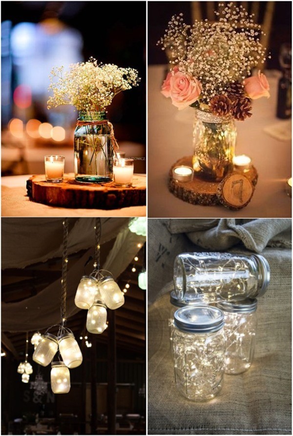 Rustic wedding centerpieces with mason jars and tree trunk