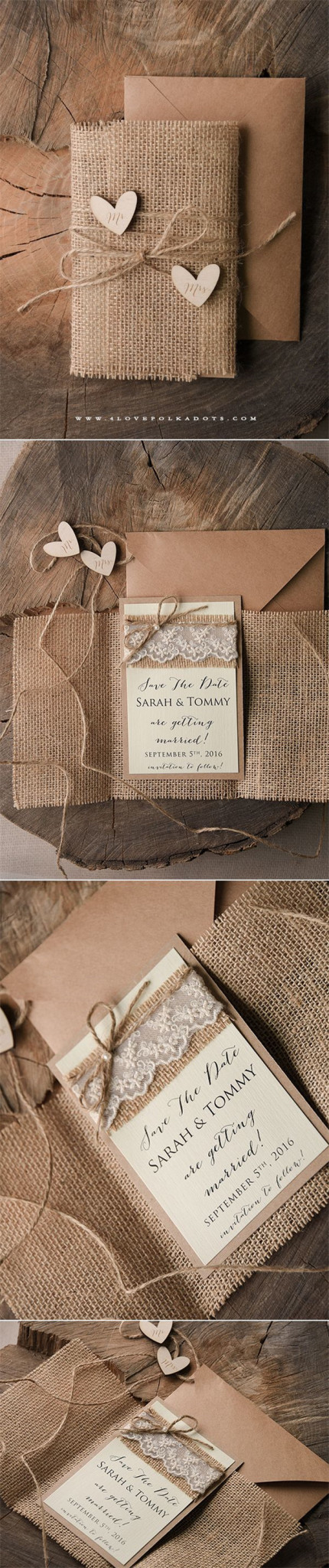 Burlap Wedding invitations and Save the Date Card with wooden tags