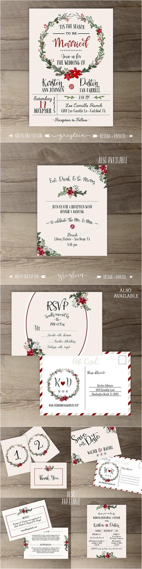 Pinecone and red berry themed Christmas Wedding invitations