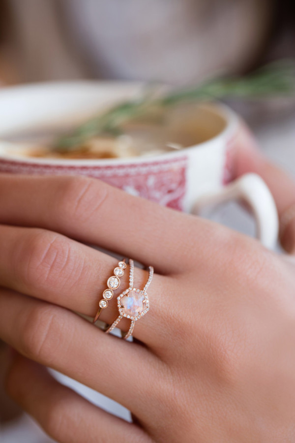 14kt gold and diamond Double Band Moonstone Engagement ring