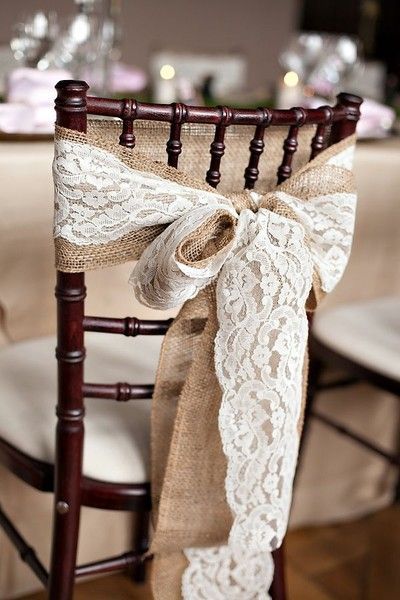 Burlap and lace make for beautiful shabby-chic chair country wedding decor