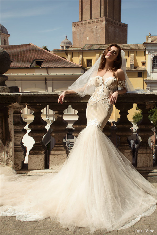 julie vino bridal spring 2017 half sleeves off shoulder sweetheart mermaid wedding dress claudia fv blush color long train