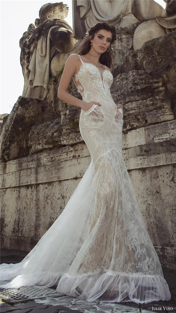 julie vino bridal spring 2017 sleeveless double straps sweetheart mermaid lace wedding dress augusta mv pockets