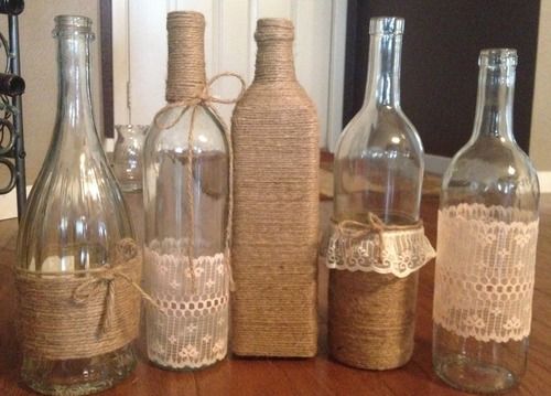 old bottles with burlap and lace