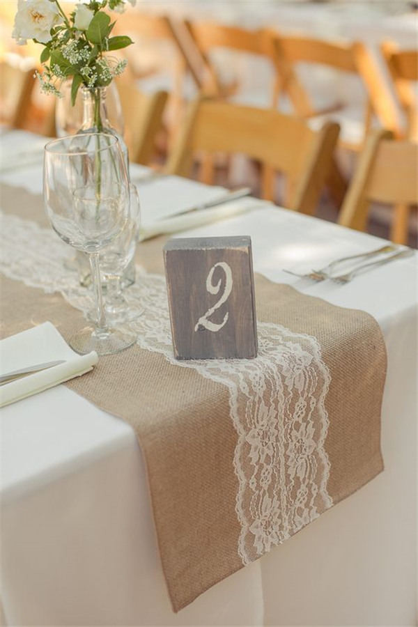 Burlap and Lace Table Runner with vintage table number