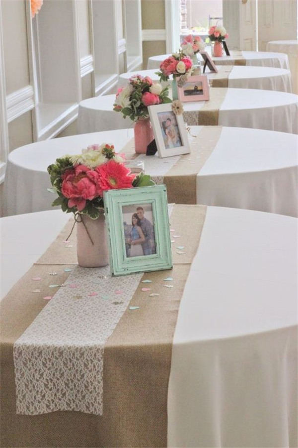 Coral + Mint Wedding Centerpieces with rustic wedding table runner