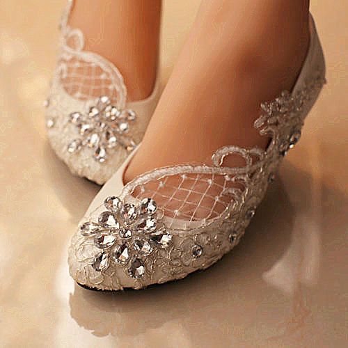 Details about Lace white ivory crystal Wedding shoes