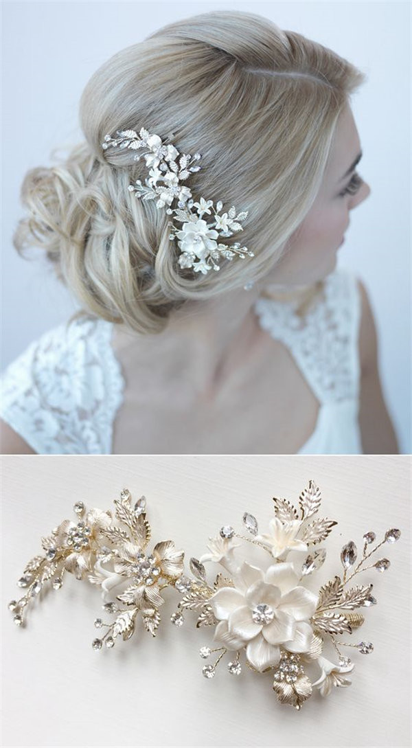 Gorgeous gold bridal comb with ivory flower petals and gold leaves