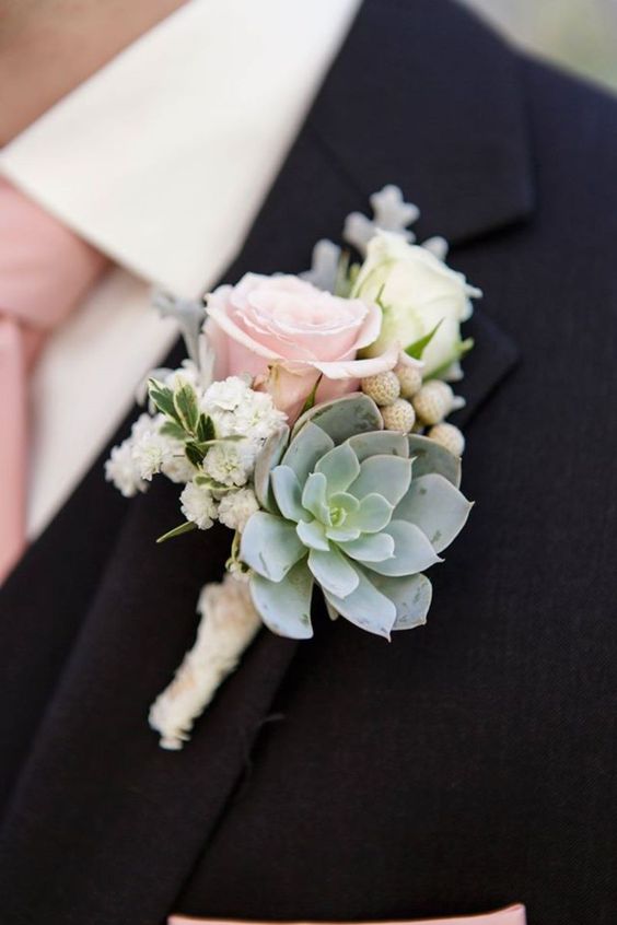 Grooms rose Boutonniere - Roses and Succulent pink green vintage wedding photo by Heart Box Wedding