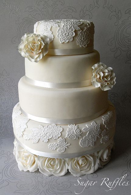 Ivory Roses and Lace Wedding Cake If you can dream it Skyline Pastry Chef can make it