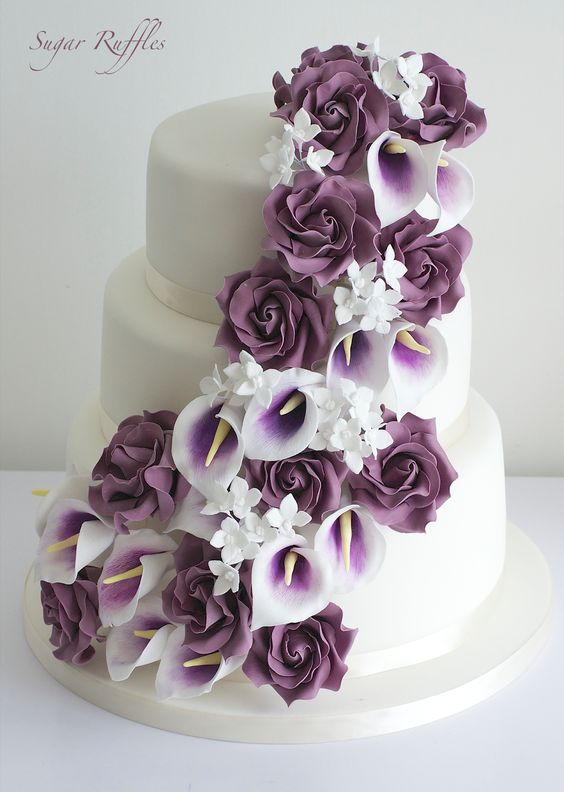 Sugar Ruffles Wedding cake with purple cascading sugar flowers