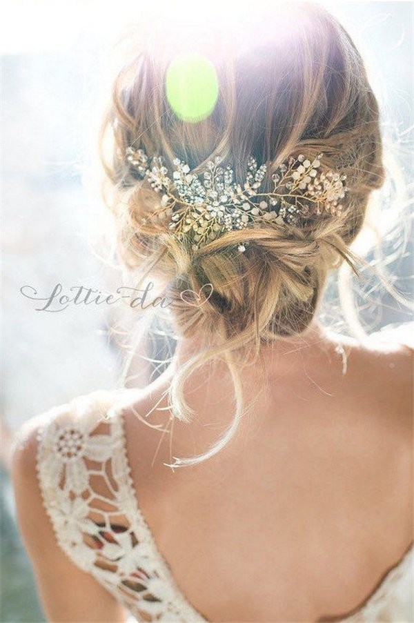 Wedding Updo Hairstyle with Rose Gold Boho Headpiece