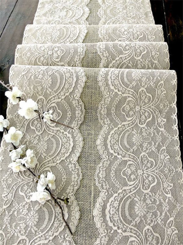 Wedding table runner with beige lace rustic chic wedding