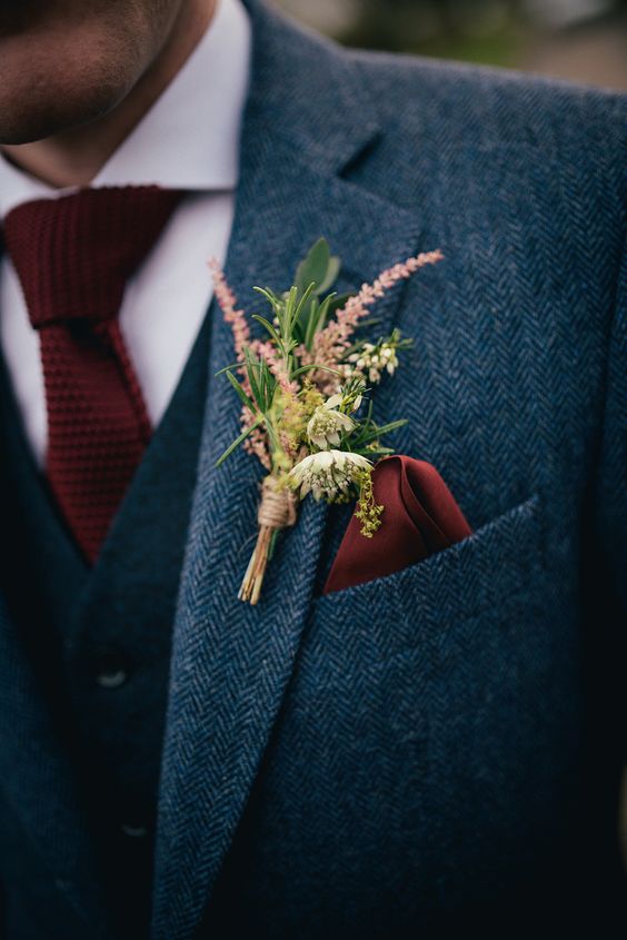 Wild Flower Buttonhole and Marsala Woven Tie