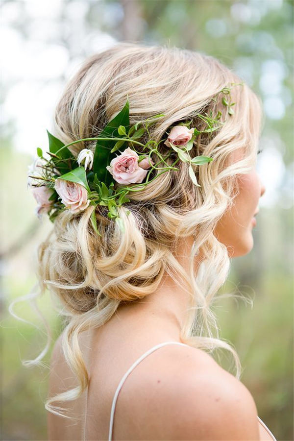 rose and greenery wedding updo hairstyle ideas