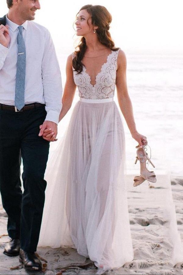 Elegant Scoop Neck Lace A Line Tulles Beach Wedding Dresses