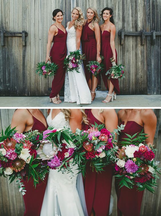 Modern burgundy bridesmaid dresses with textured Protea wedding bouquets by LiFe Photography