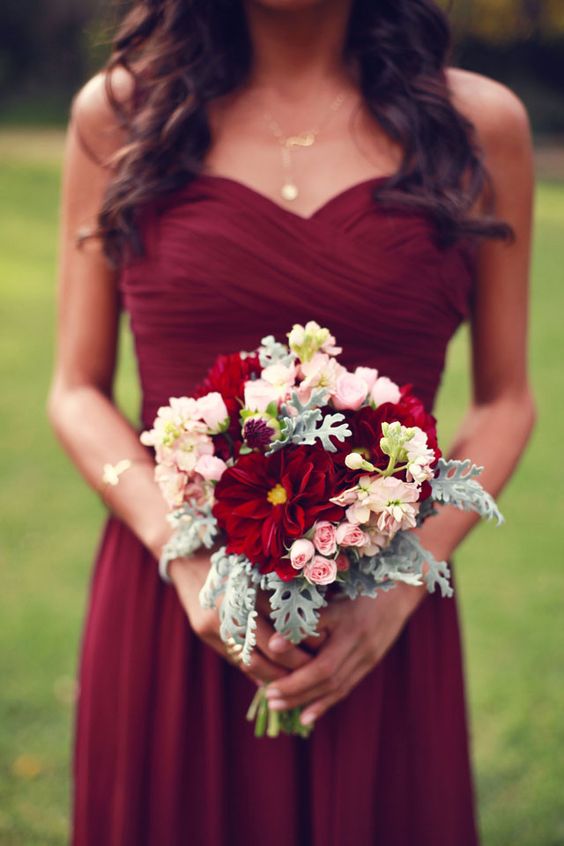 We are in LOVE with these burgandy bridesmaid dresses!