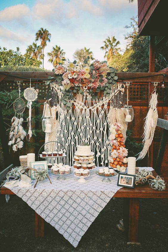 Bohemian backyard wedding dessert display by Chris Wojdak Photography