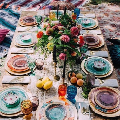 Bold bohemian accents and a jewel toned color palette