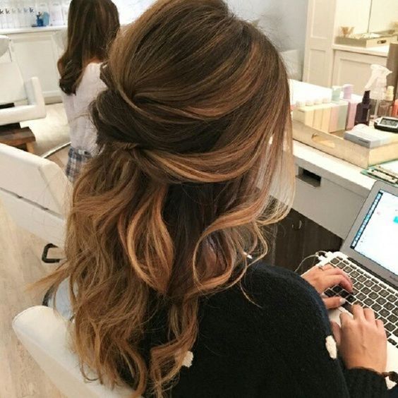 Partial updo wavy wedding hairstyle