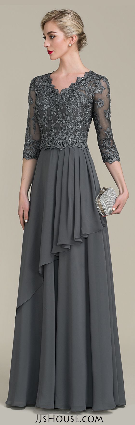 A-Line V-neck Floor-Length Chiffon Lace Mother of the Bride Dress