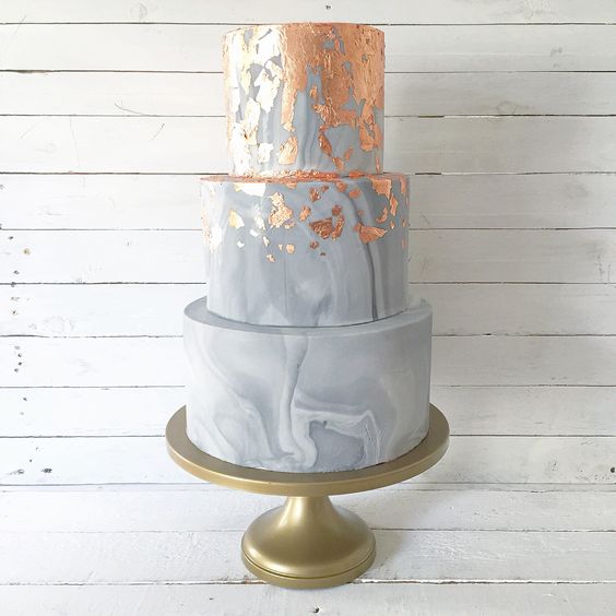 Copper leaf and marble effect wedding cake design