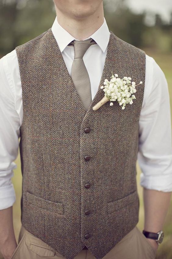 Farm Wedding Brown Herringbone Wool Tweed Vests Custom Made Groom'S Suit