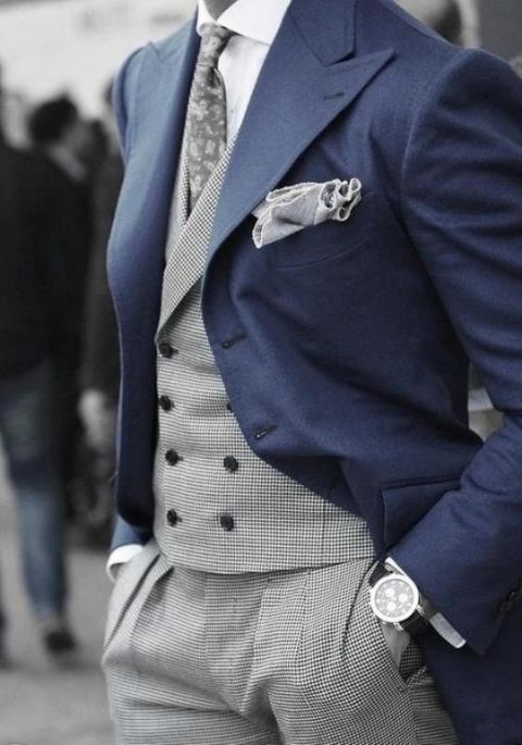 Gorgeous Navy And Silver Groom Suit