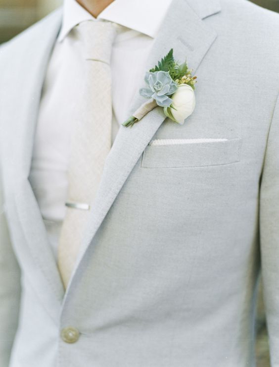 Grey Groom Suit with Peony and succulent boutonniere Photography Ben Q