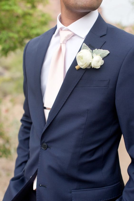 Groom navy suit and blush tie