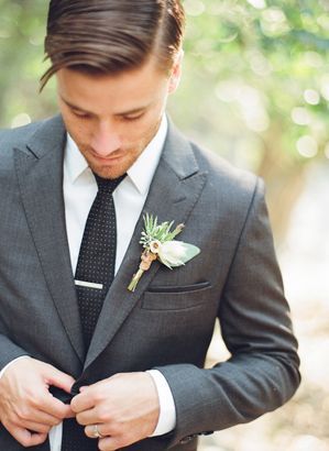 Love the gray suit with black dot tie combo