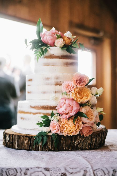 Naked Cake Peach Orange Floral with tree stump