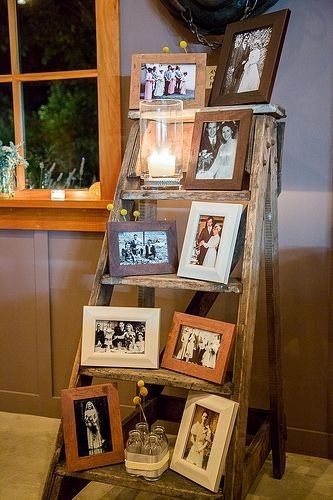 Vintage wedding decor ideas with ladders and old photos