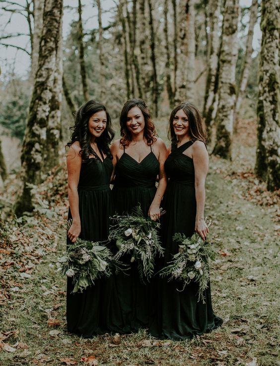 Winter Wedding Inspiration bridesmaids in black dresses