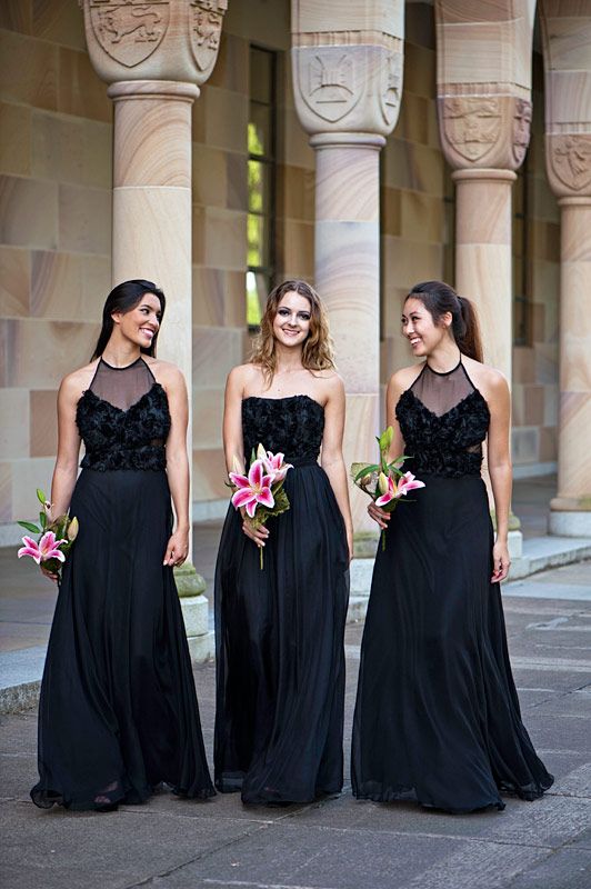 balck bridesmaids dresses and flowers