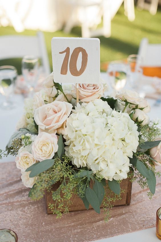 Hydrangea and Bush Wedding Decor with Metallic Table Numbers