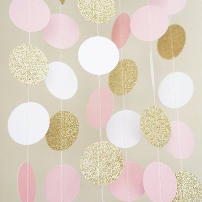 Pink White and Gold Glitter Circle Polka Dots Paper Garland Banner