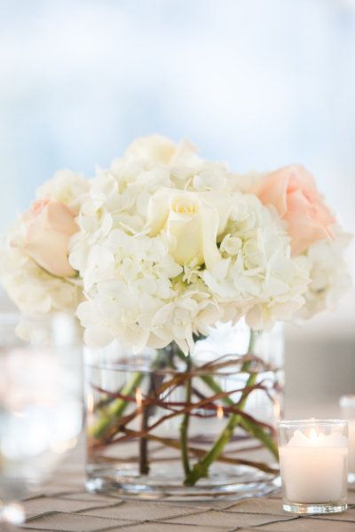 White HYDRANGEA and soft pale roses centerpiece