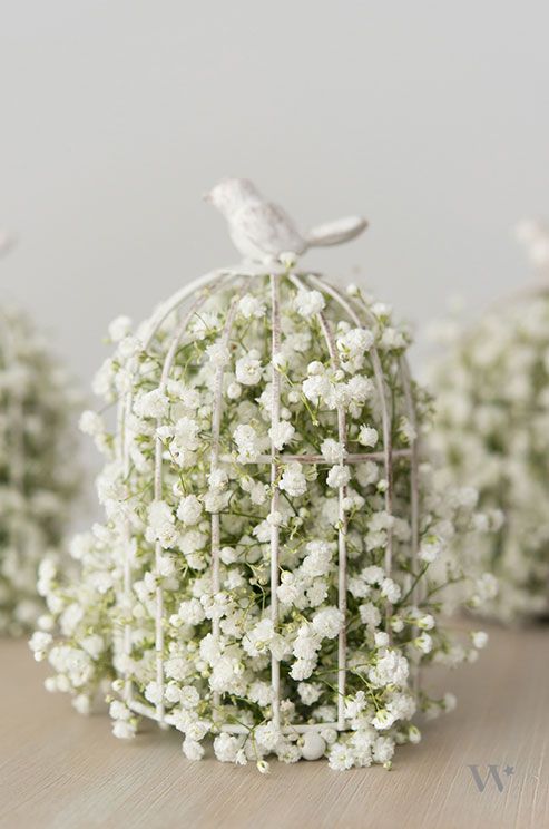 baby's breath decorated birdcage wedding decor