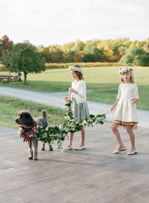 flower girls with a dog at wedding