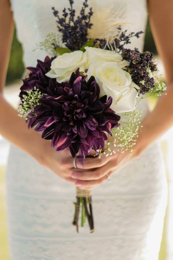 ivory and dark purple fall wedding bouquet