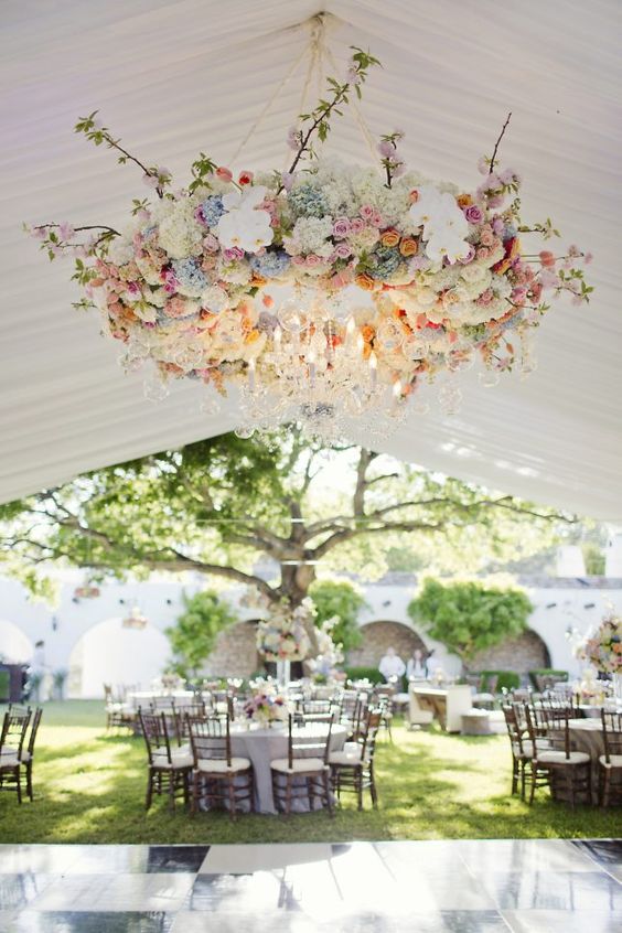 beautiful wedding floral chandelier with pastel shades