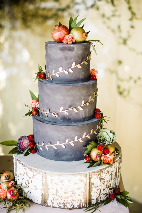 chic grey fall wedding cake with gold decor