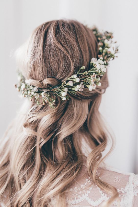 elegant boho hairstyle with greenery crown