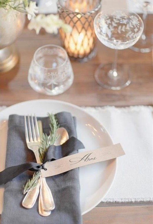 grey table setting for rustic winter wedding
