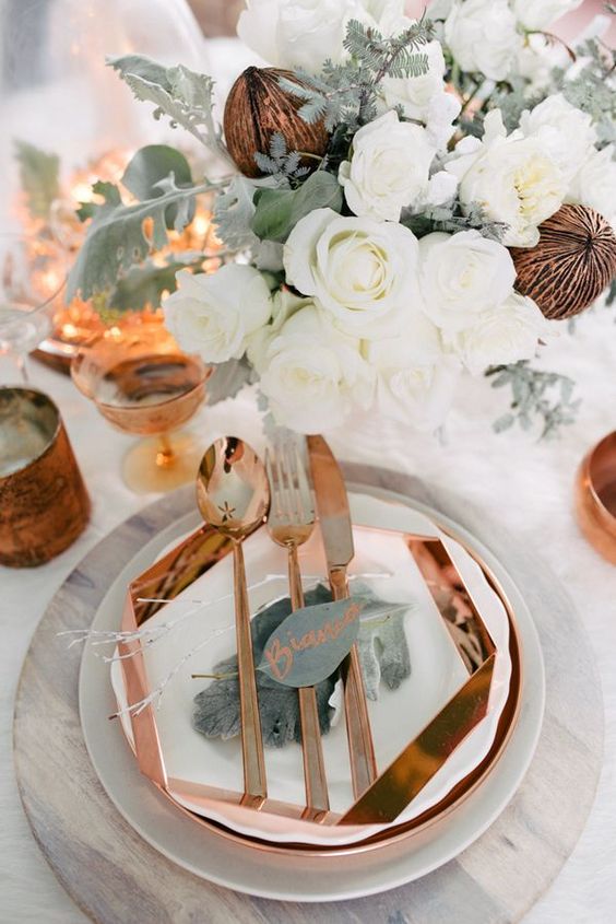 white and copper decors for winter weddings